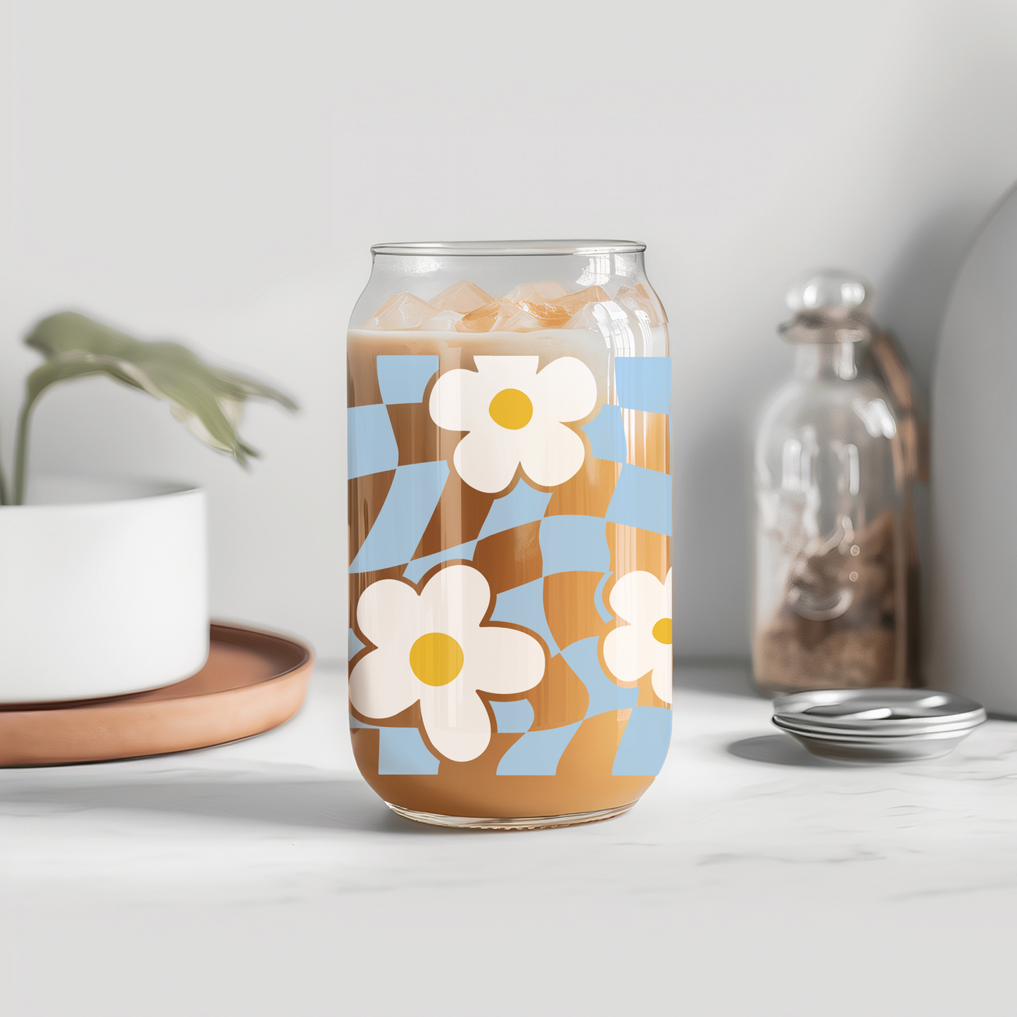 Blue Checkered Daisy Glass
