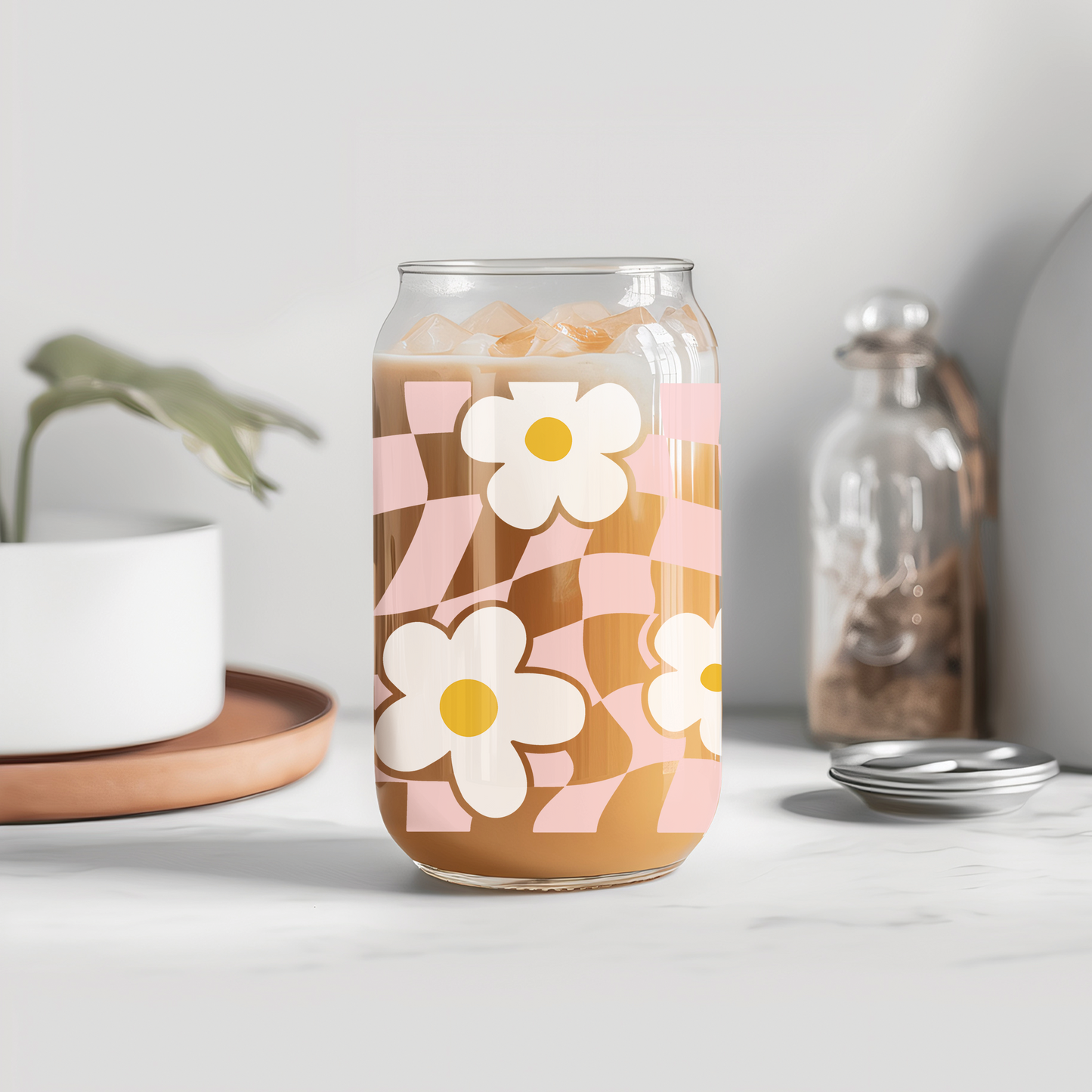 Pink Checkered Daisy Glass