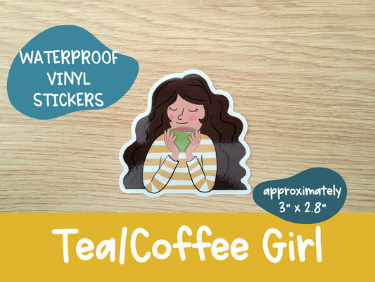 Tea / Coffee Girl Vinyl Sticker | Cozy | Cute | Laptop Sticker | Water Bottle Sticker | Weatherproof | Waterproof | Decal