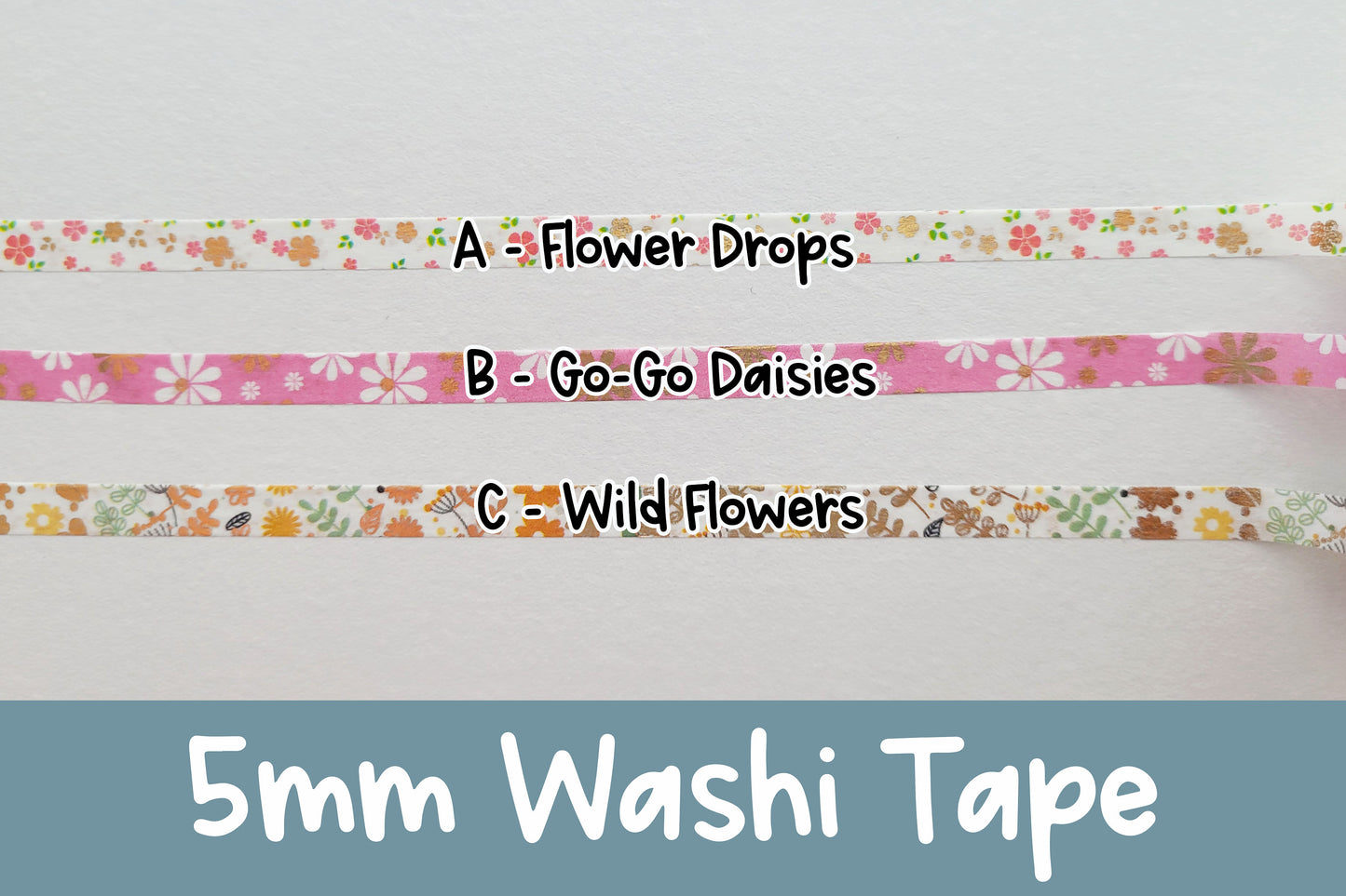 Fun Florals | 5mm Washi Tape | Gold Foil Decorative Tape