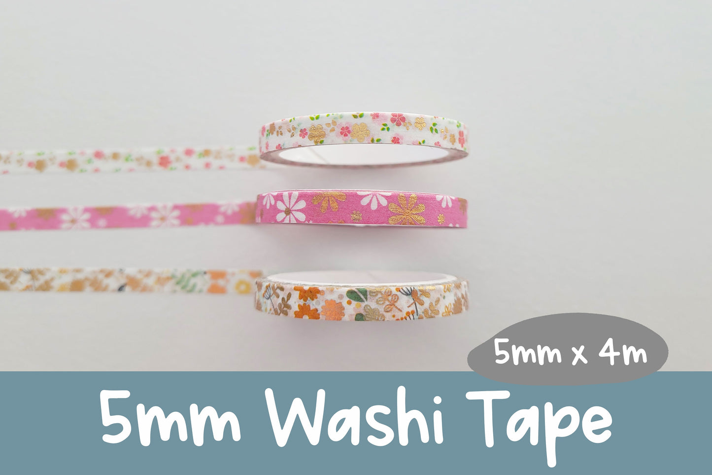 Fun Florals | 5mm Washi Tape | Gold Foil Decorative Tape