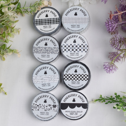 Black & White Washi Bundle | 15mm x 10m | 8 rolls