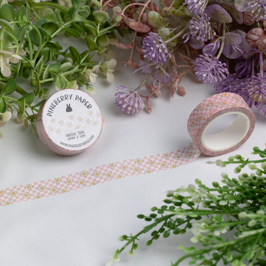 Pink Checkered Daisy Washi Tape | 15mm x 10m | W090