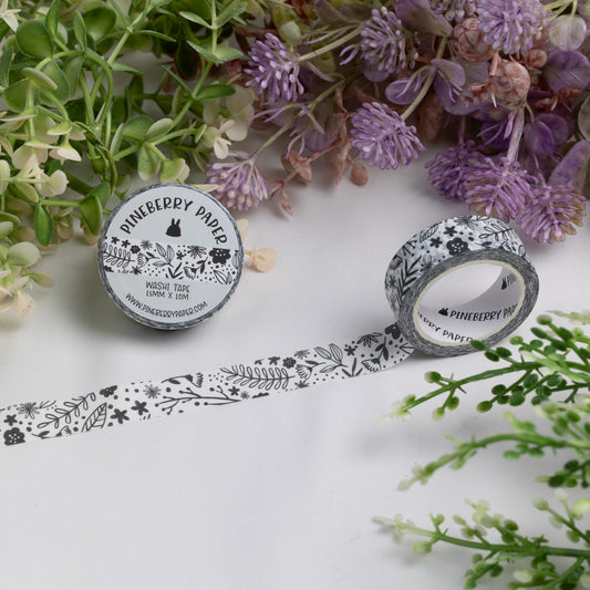Black Florals Washi Tape | 15mm x 10m | W093