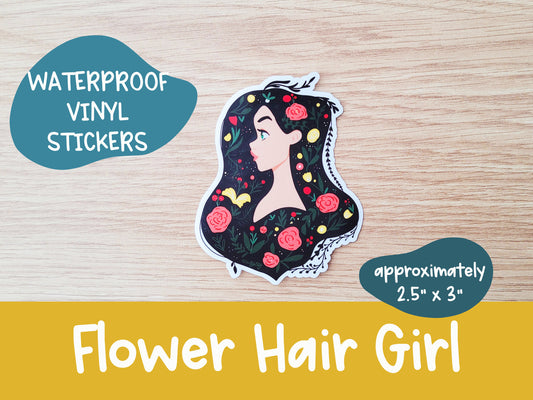 Floral-Haired Girl Vinyl Sticker | Flower | Blossoms | Botanic | Laptop Sticker | Water Bottle Sticker | Weatherproof | Waterproof | Decal