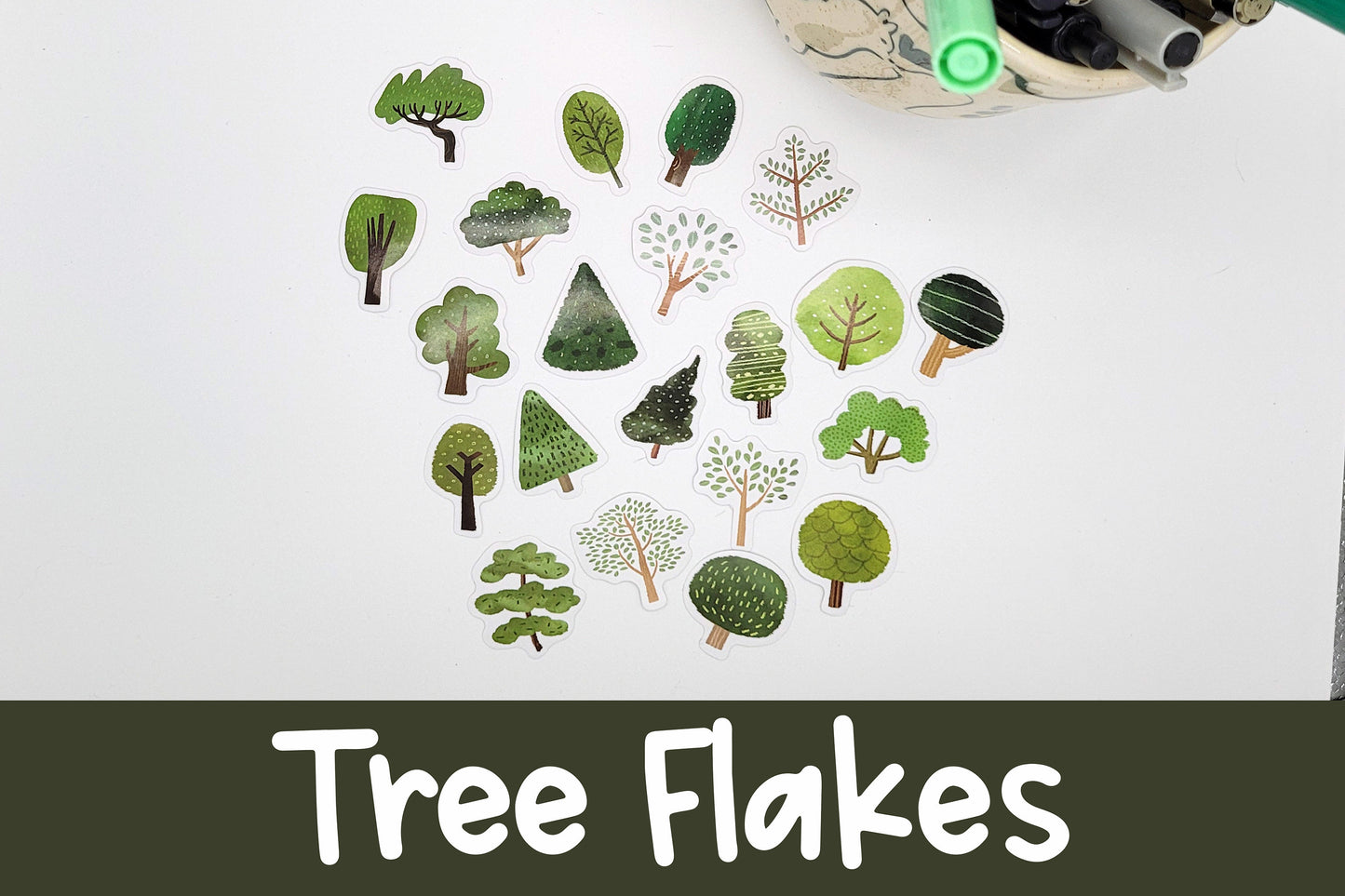 Tree Sticker Flakes | 20 pieces | Shrub | Evergreen | Glossy Stickers
